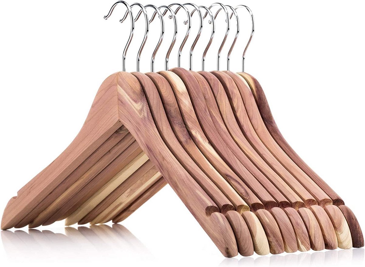 10 stuks Cederhouten Kledinghangers 44cm met Broek-/Rokbeugels en Draaibare Haak