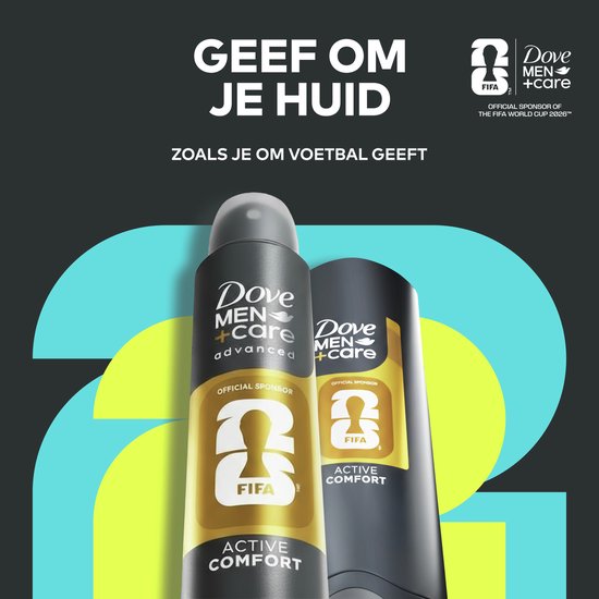 Dove Men+Care Advanced en Active Comfort deodorant sprays. 'Geef om je huid zoals je om voetbal geeft'. Officieel sponsor van FIFA.