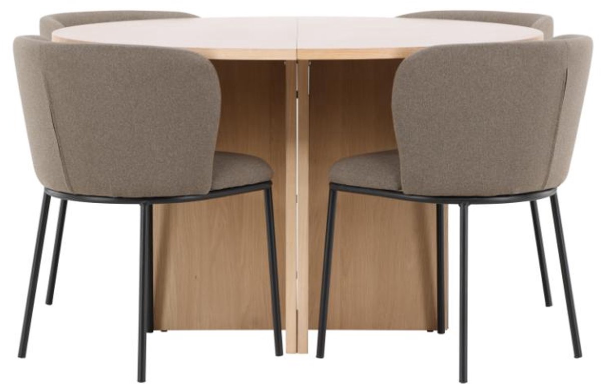 Strada eethoek uittrekbare tafel Ø120cm, 170cm en 4 stoelen whitewash, bruin.