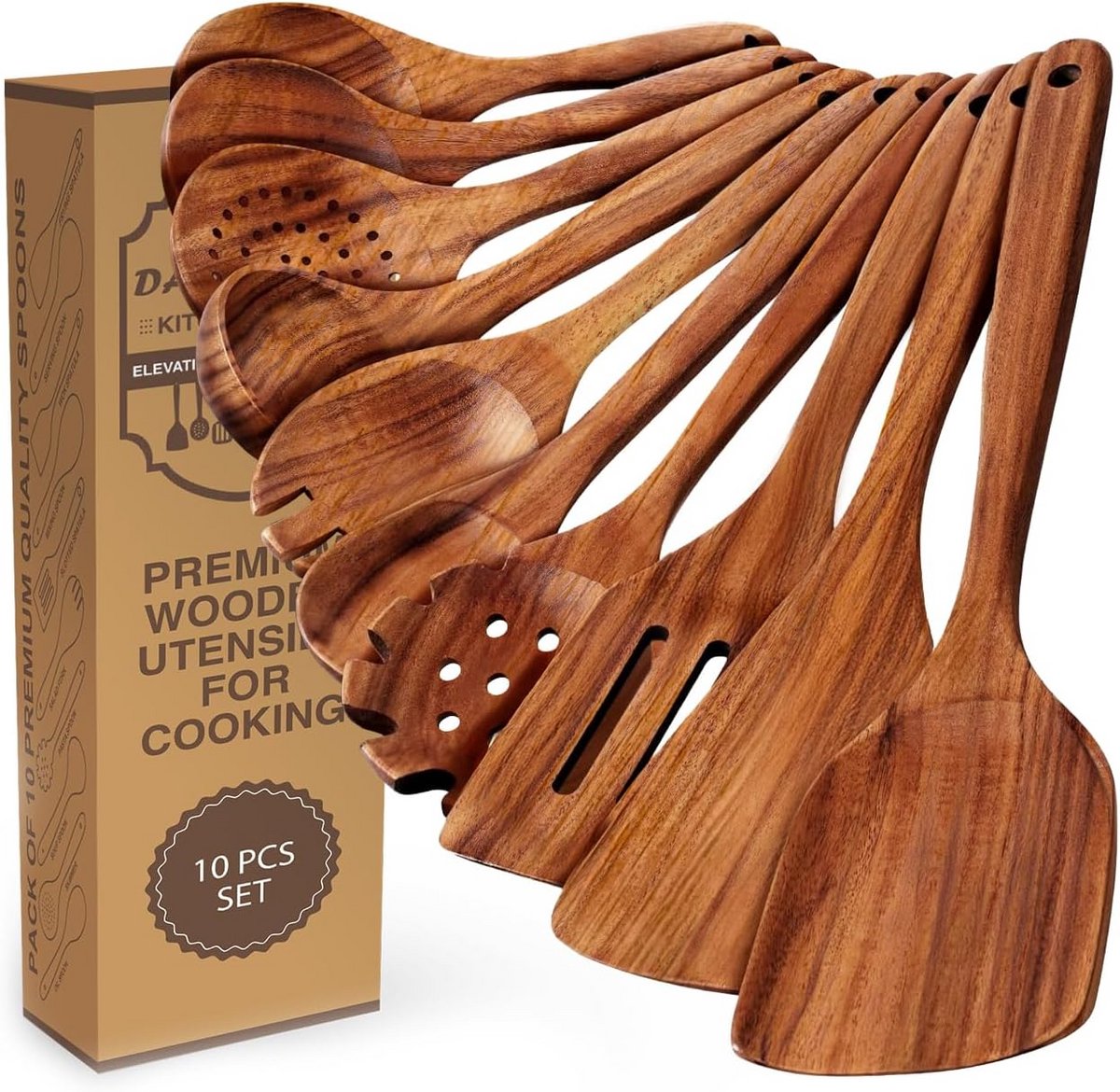 Set van 10 Houten Kooklepels en Spatels - Stevig Kookgerei voor Antiaanbakpannen