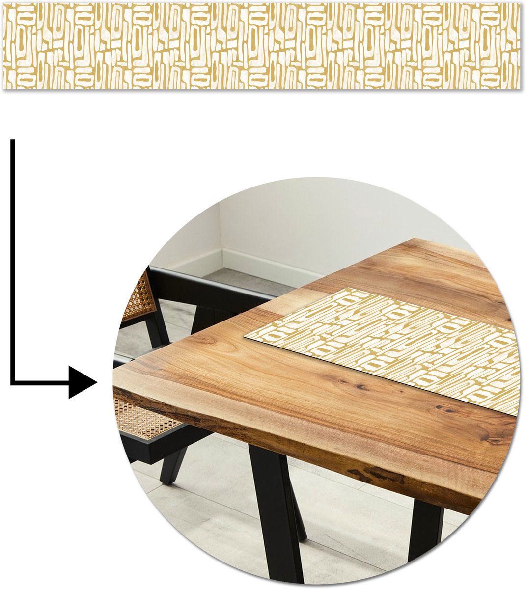 Tafelloper 180x30 cm - Tafelmat vinyl Zandkleur - Wit - Patroon - Tafeldecoratie - Tafelversiering - Keuken decoratie - Tafel versiering