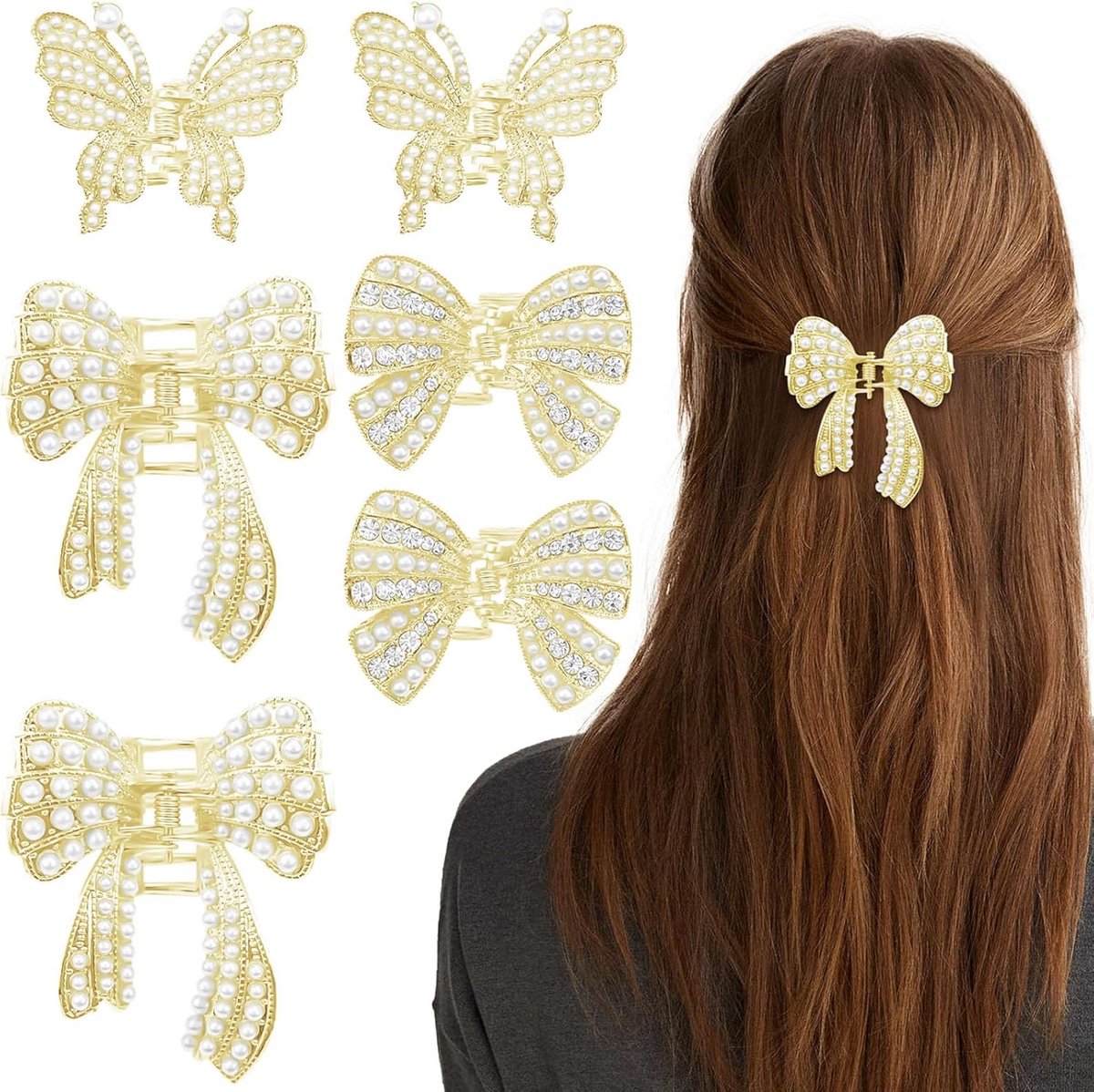 6 Stuks Gouden Haarclips met Parel en Strik Versiering voor Dames