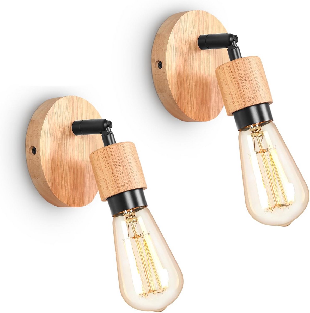 2x Industriële Wandlamp Zwart Metaal en Hout Draaibaar E27 Binnenverlichting