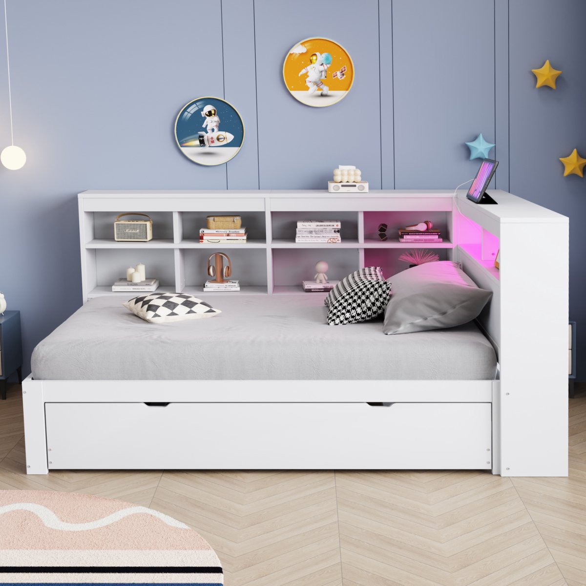 REDOM Slaapbank 90x200 cm van hout – Met uitschuifbed, opbergvakken, USB en LED – Wit