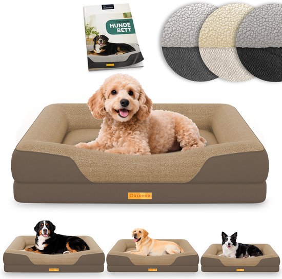 Bruin hondenbed met knuffelige Sherpa-wol voor een hond. Verpakkingsdoos en stofstalen.