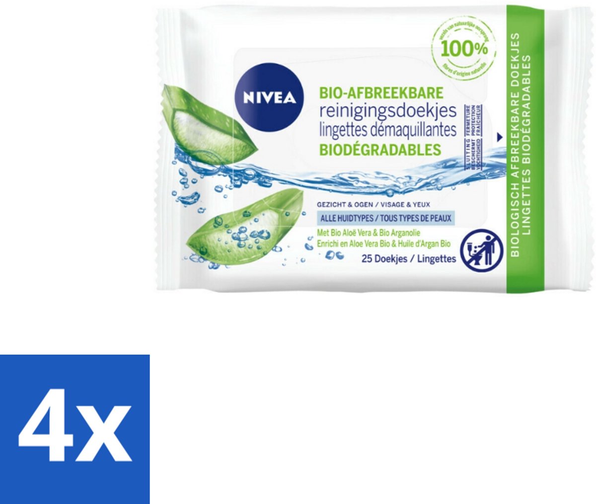 Nivea – Reinigingsdoekjes – Bio Aloe Vera – 25 Doekjes - Voordeelverpakking - 4 stuks