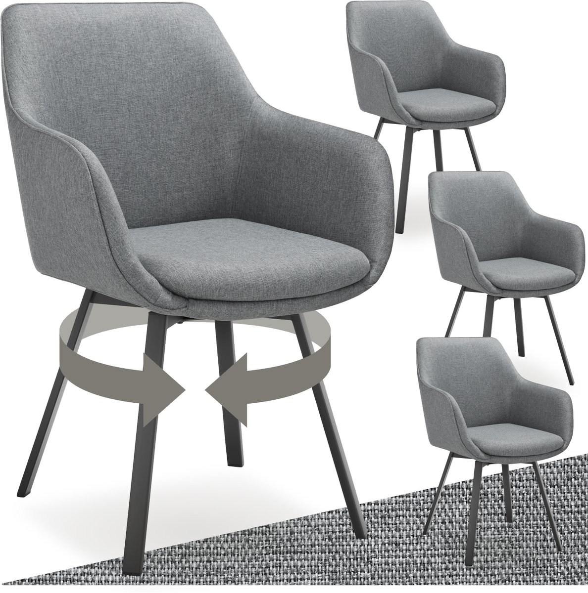 tectake® Draaibare eetkamerstoel Alicon - Gestoffeerd - Stijl en comfort in één - Eetkamerstoel - Bureaustoel - Woonkamerstoel - Fauteuil - Set van 4 - Antraciet