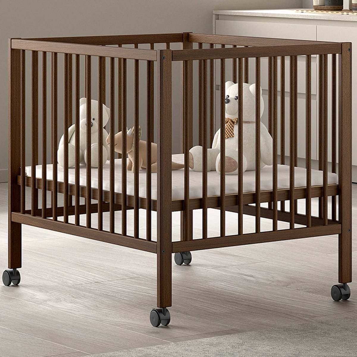 Babypark Dino | 95 X 75 Cm | Verstelbaar | Massief Beukenhout | Walnootkleur - Vipack - Park - Bruin - Hout Eenpersoons Normaal Bed