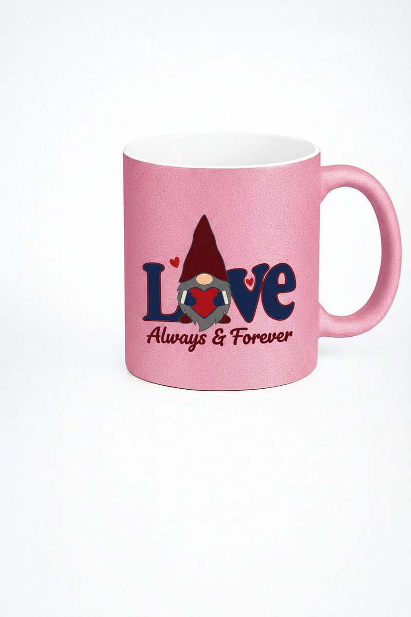 Glitter Roze Liefdes Mok met 'Love Always & Forever' Kabouter Design - Romantisch Cadeau