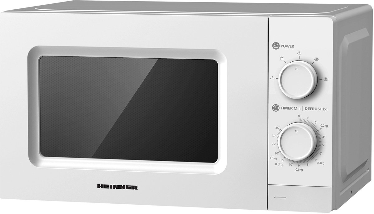 Heinner Vrijstaand Magnetron 20 L – Mechanische Bediening – 700 W – 6 Vermogensstanden – Timer – Ontdooifunctie – Wit