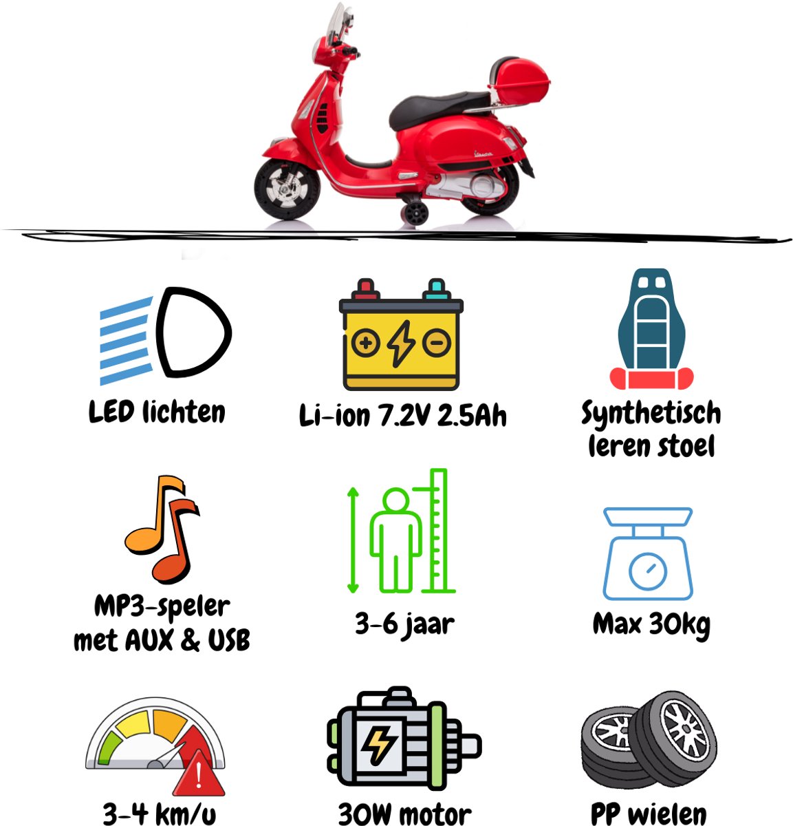 Vespa GT Full Option Elektrische Kinderscooter 3 tot 6 jaar – Officieel Gelicentieerde Kinder Vespa met Kofferbak & Verwijderbare Zijwieltjes – Li-ion Kindermotor met Kunstlederen Zitje, MP3 AUX & USB – Rood — afbeelding 6