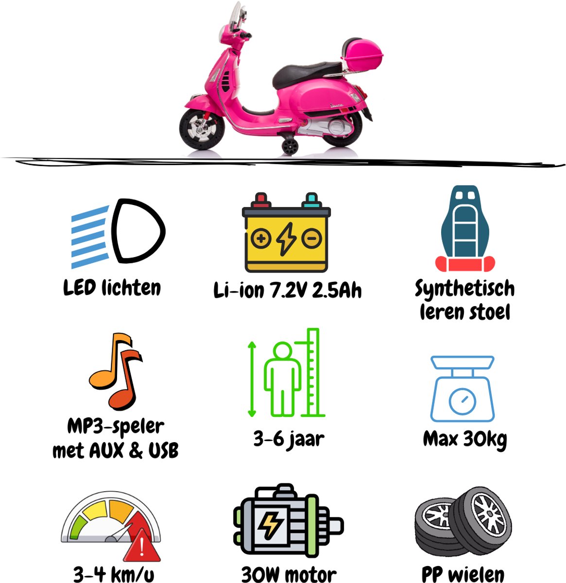 Vespa GT Full Option Elektrische Kinderscooter 3 tot 6 jaar – Officieel Gelicentieerde Kinder Vespa met Kofferbak & Verwijderbare Zijwieltjes – Li-ion Kindermotor met Kunstlederen Zitje, MP3 AUX & USB – Roze — afbeelding 6