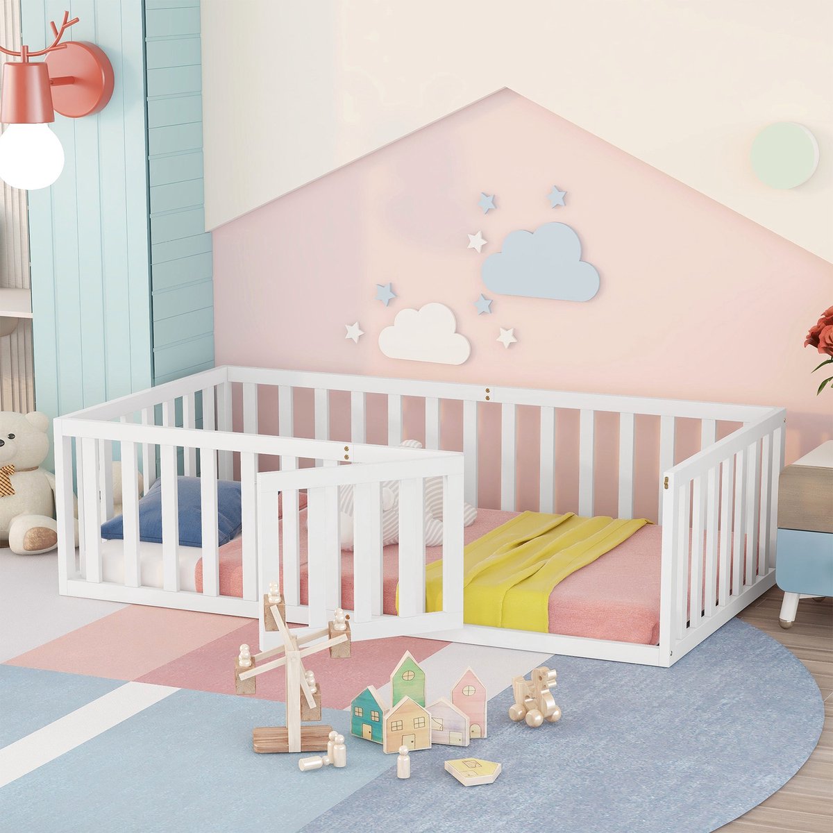 Clruro Kinderbed 90x200 - Met Hek En Deurtje - Laag Bedframe - Massief Hout - Wit