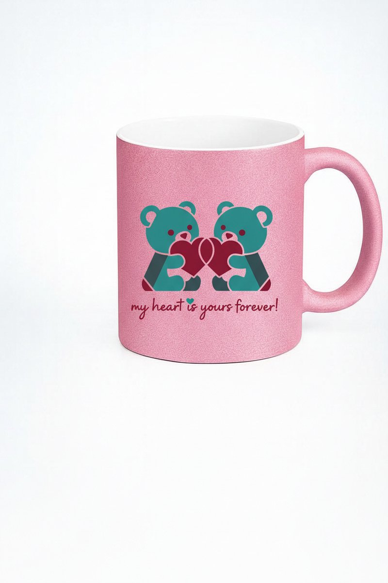Roze Glitter Mok met Liefdes Beren & Hart - "My Heart is Yours Forever" Beker