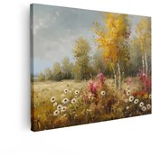 Artaza Canvas Schilderij Herfstweide - 120x90 cm - Wanddecoratie Bloemenveld - Muurdecoratie Berkenbomen - Schilderijen Landschap Natuur