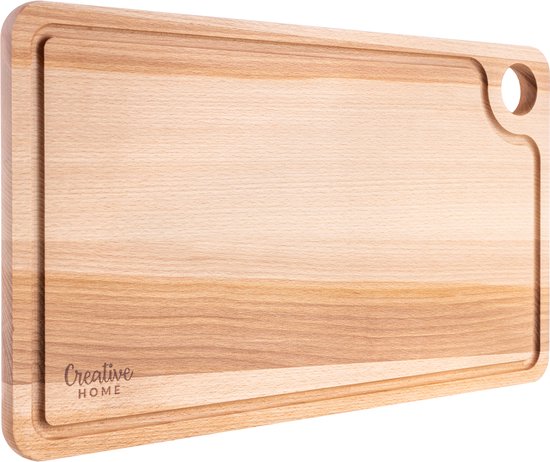 Creative Home Grande planche à découper en bois pour viande | 42 x 24,5 x 1,5 cm | Planche à découper avec rainure à jus et poignée | Bois de hêtre naturel | Réversible | Idéal pour chaque maison et Cuisine