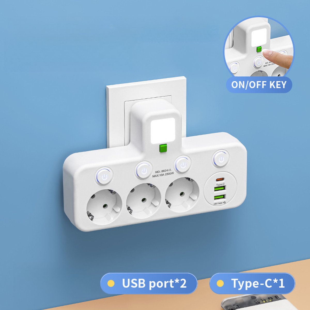 Eén naar meerdere, met schakelaar, USB-stopcontact, met USB slimme stekkerdoos, stekkerdoos, verlengsnoer, Type-C opladen, met nachtlampje, witte uitvoering 2