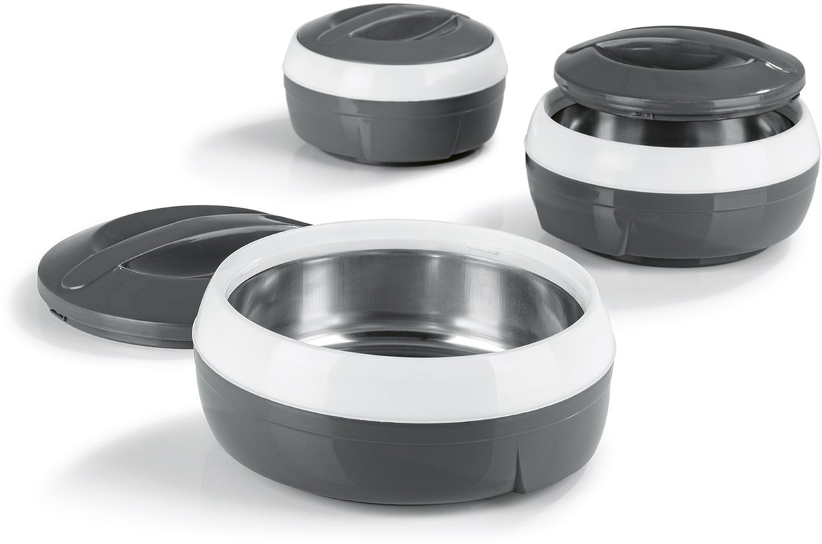 GOURMETmaxx Thermoskommen set van 3 – Dubbelwandig geïsoleerde warmhoud- en koelkommen met RVS inzet, vaatwasmachinebestendig, 550 ml, 800 ml en 1300 ml