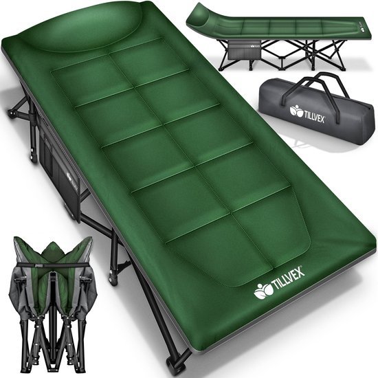 Groen inklapbaar campingbed met matras en draagtas.