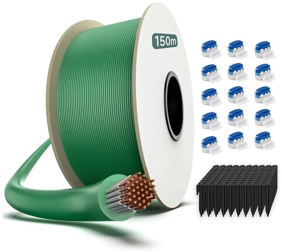 Begrenzingskabel robotmaaier 150 m groen DIMICO – universele perimeterdraad met 450 grondpinnen en 15 connectoren