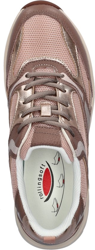 Bovenaanzicht van een roze Gabor Rollingsoft sneaker met mesh, metallic en bruine details.
