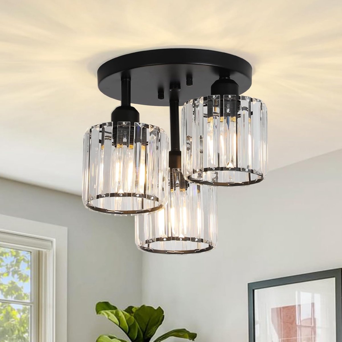 MELVRA Kristallen Kroonluchter - Plafondlamp - 3-lichts - Glazen Lampenkap - Zwart - Hanglamp voor Woonkamer, Slaapkamer, Keuken & Badkamer - Modern