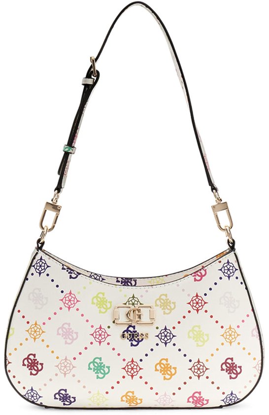 GUESS sac à épaule Emelie Logo Top Zip Shoulder Bag Multi Logo blanc