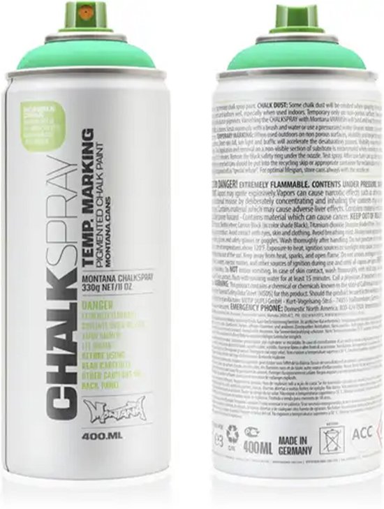 Une bombe de peinture avec un bouchon vert et l'inscription "CHALKSPRAY TEMP. MARKING MONTANA CANS TURQUOISE".