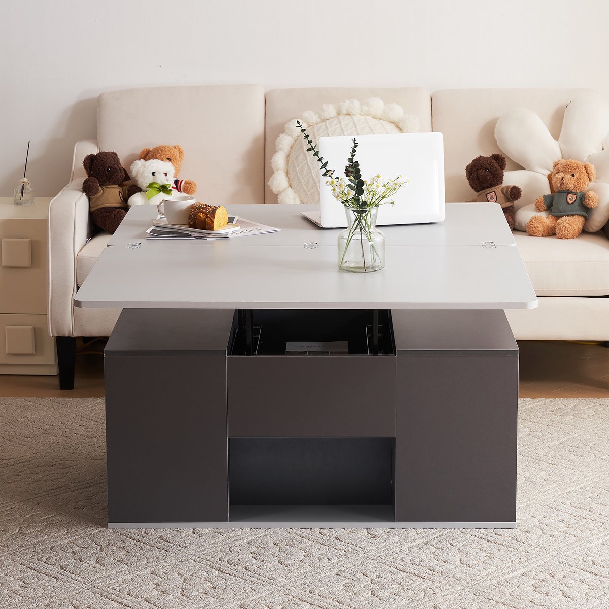 HAUSS SPOLE Salontafel - Verstelbare 2-in-1 Koffietafel Met Opbergruimte - Voor Woonkamer En Kantoor - Spaanplaat - 100x51x47 cm - Grijs Lichtgrijs