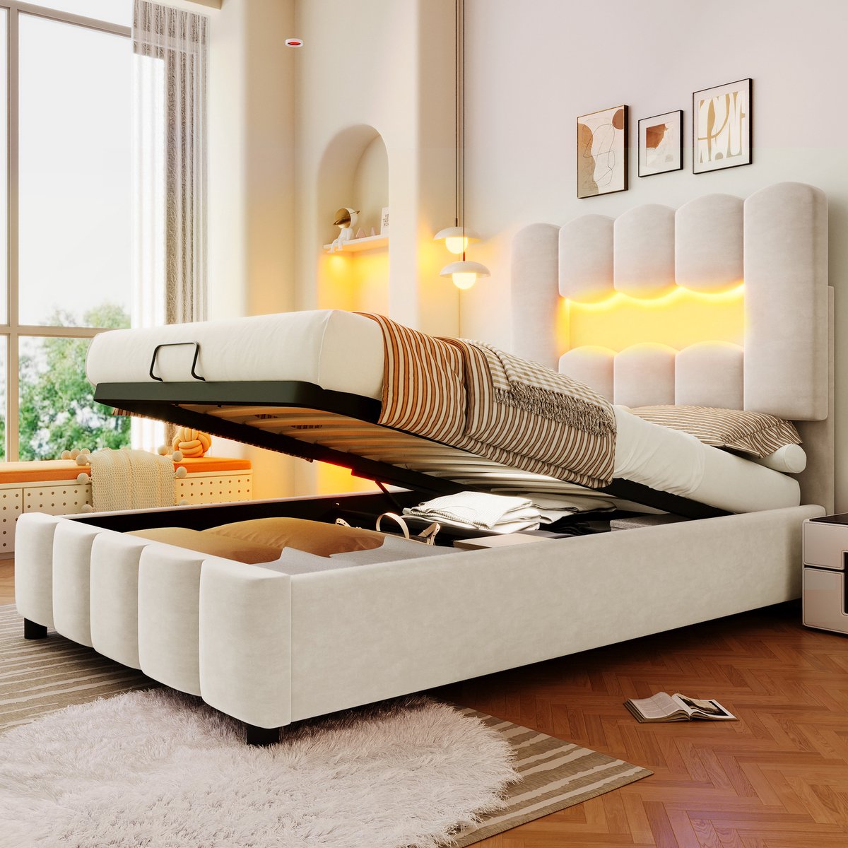 HAUSS SPOLE Gestoffeerd Bed 90x200cm - Hydraulische Opbergruimte & Verstelbaar Hoofdeinde - LED-sfeerverlichting - Velours - Beige - Zonder matras