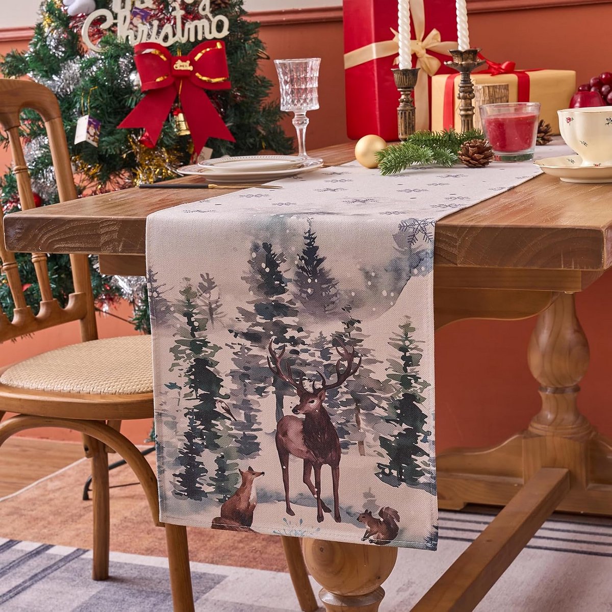 Tafelrunner Kerst Tafelkleed Linnen Winter met Herten en Pijnbomen - 33x183 cm
