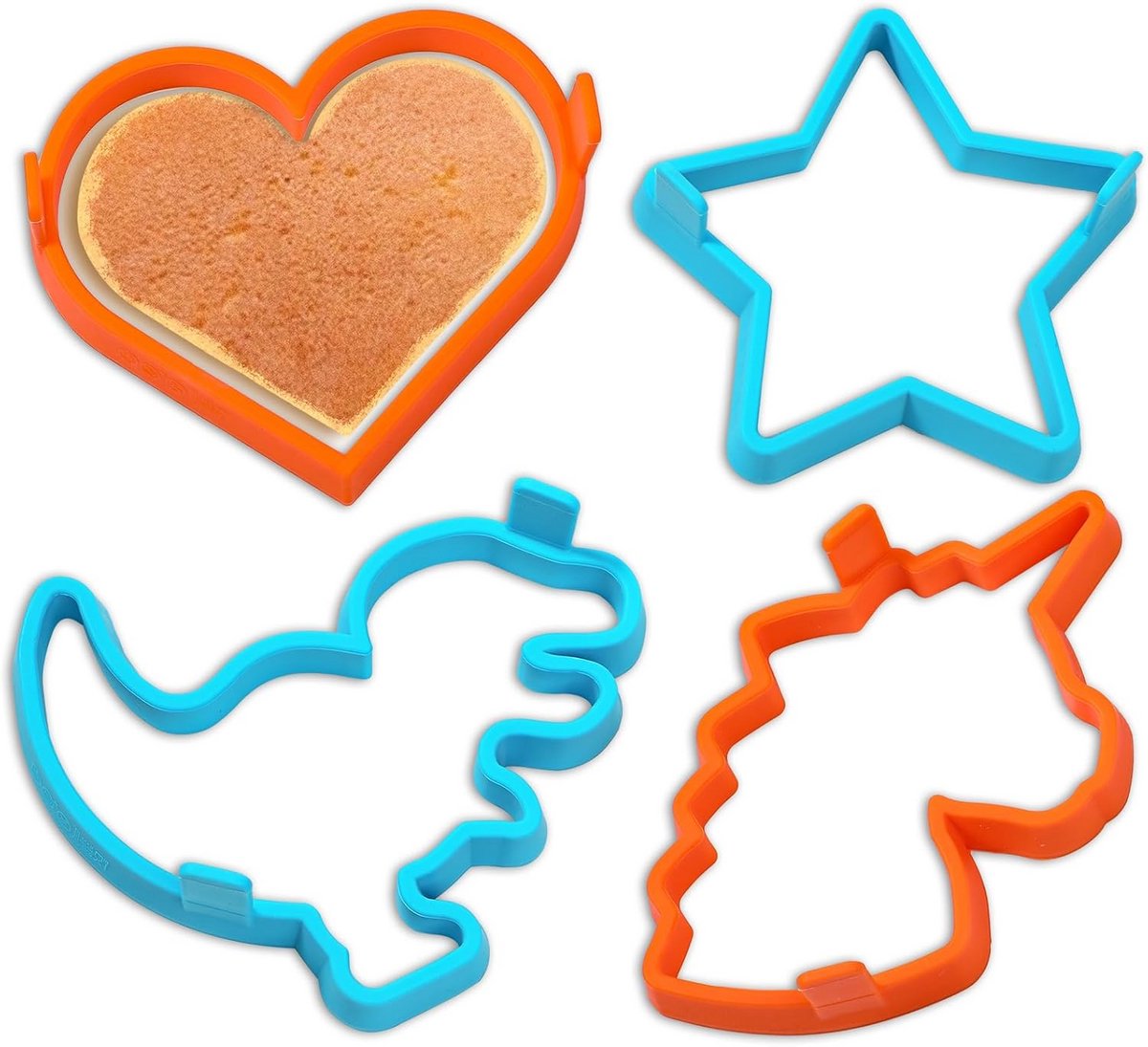 Siliconen Vormpjes Set 4x: Hart, Ster, Eenhoorn & Dinosaurus voor Pannenkoeken en Eieren