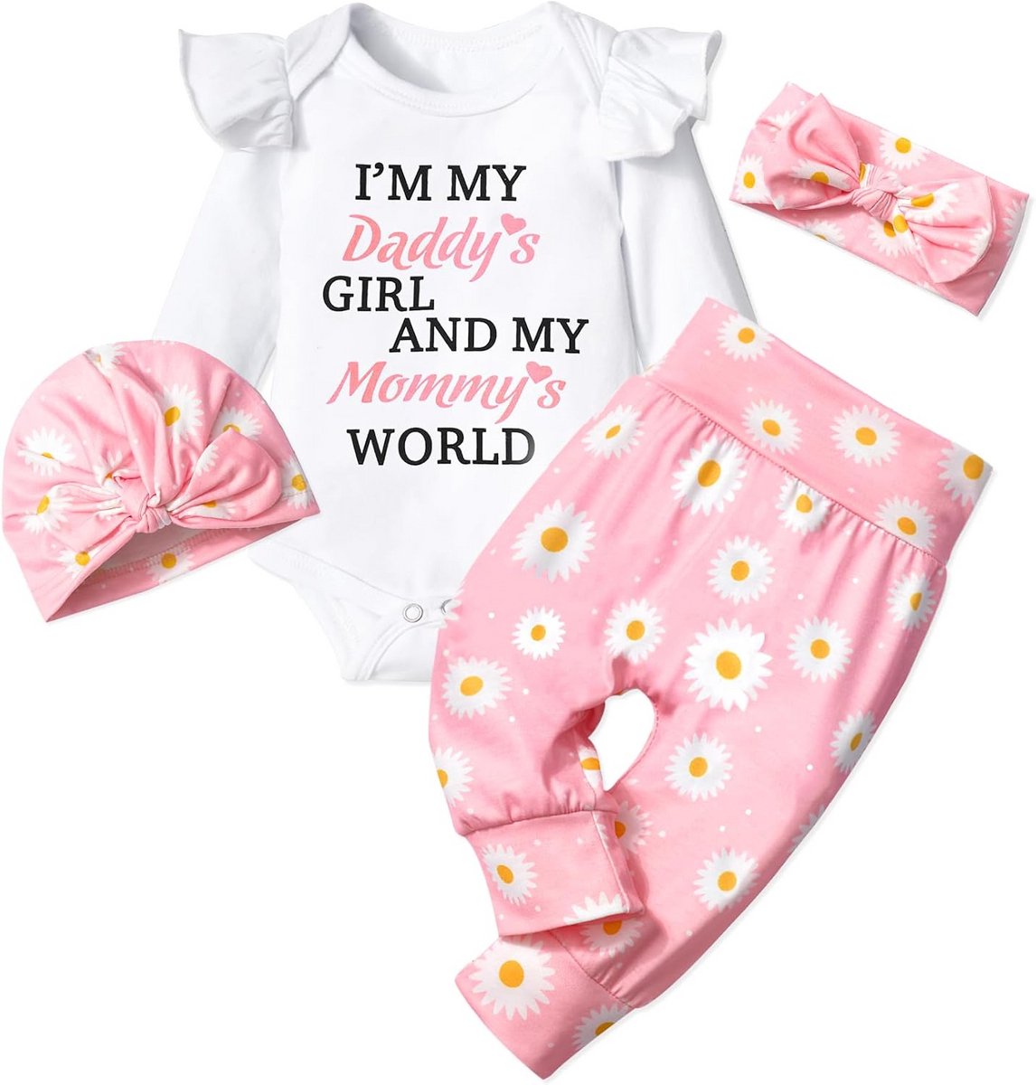Babysit Meisje Kleding Set Wit 4-delig - Rompertje met Volant, Broek, Hoofdband en Muts (0-6 Maanden)