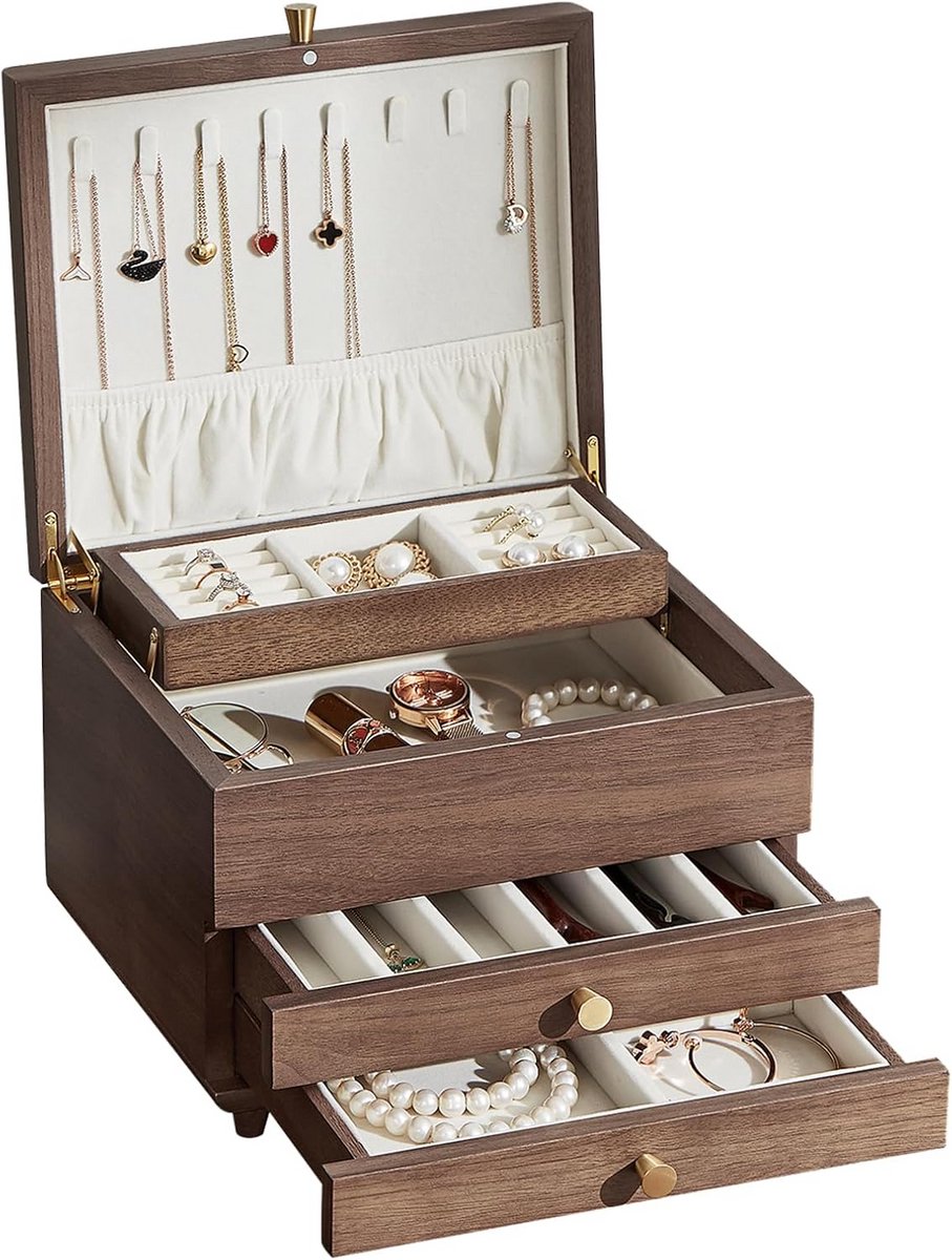 Luxe Houten Sieradenkist met 4 Lades en Hanger voor Kettingen