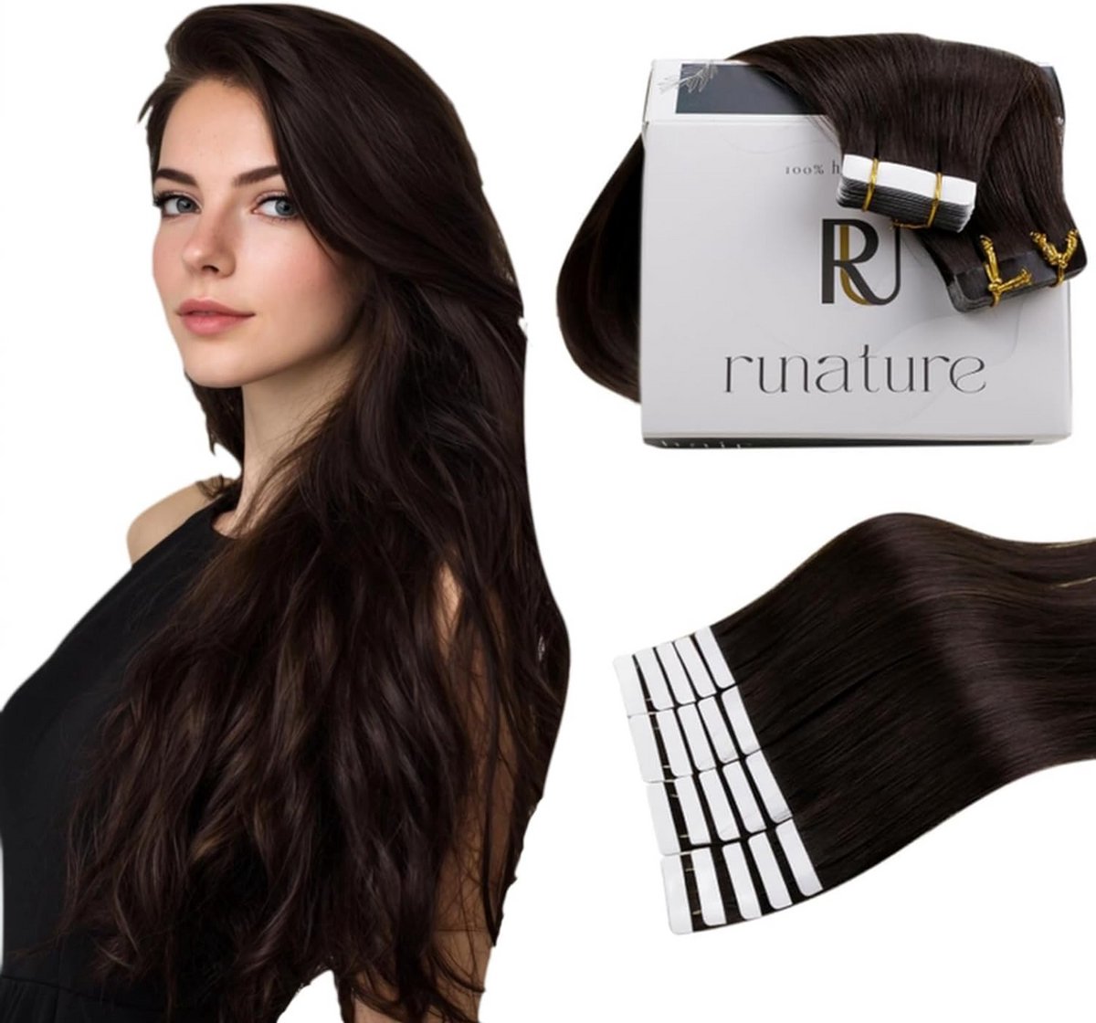 Tape in Extensions Echt Menselijk Haar Donkerbruin 25cm Zonder Merknaam