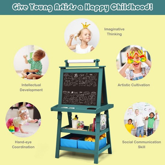 COSTWAY 3-in-1 Houten Kinderezel – 360° Draaibaar, Dubbelzijdig Bord, Met Telraam, Klok En Alfabet