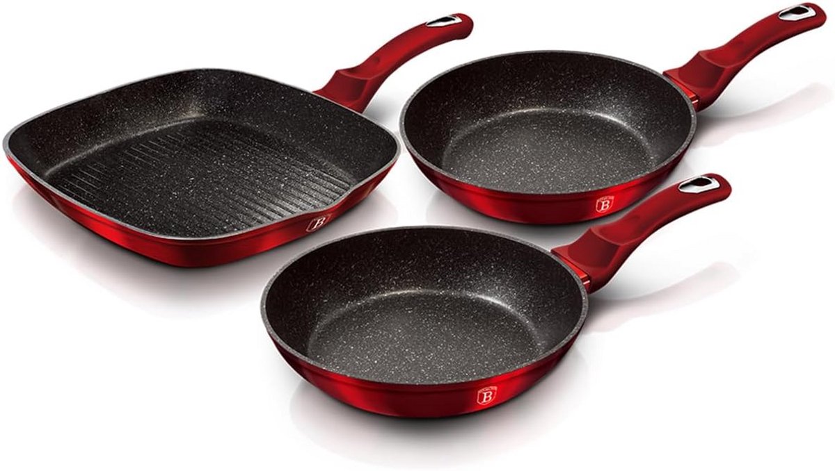Set van 3 Koekenpannen en Grillpan - Ø20, Ø24, Ø28 cm - Geschikt voor Inductie