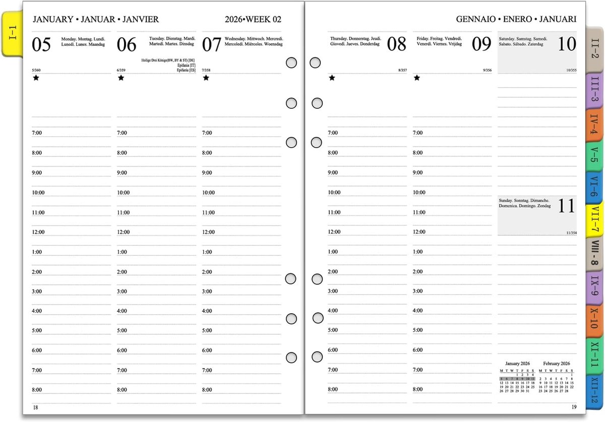 Famanu – Inleg weekplanner 2026 A5 6-gaats verticaal 1 week op 2 pagina’s navulpapier voor ringbandagenda’s