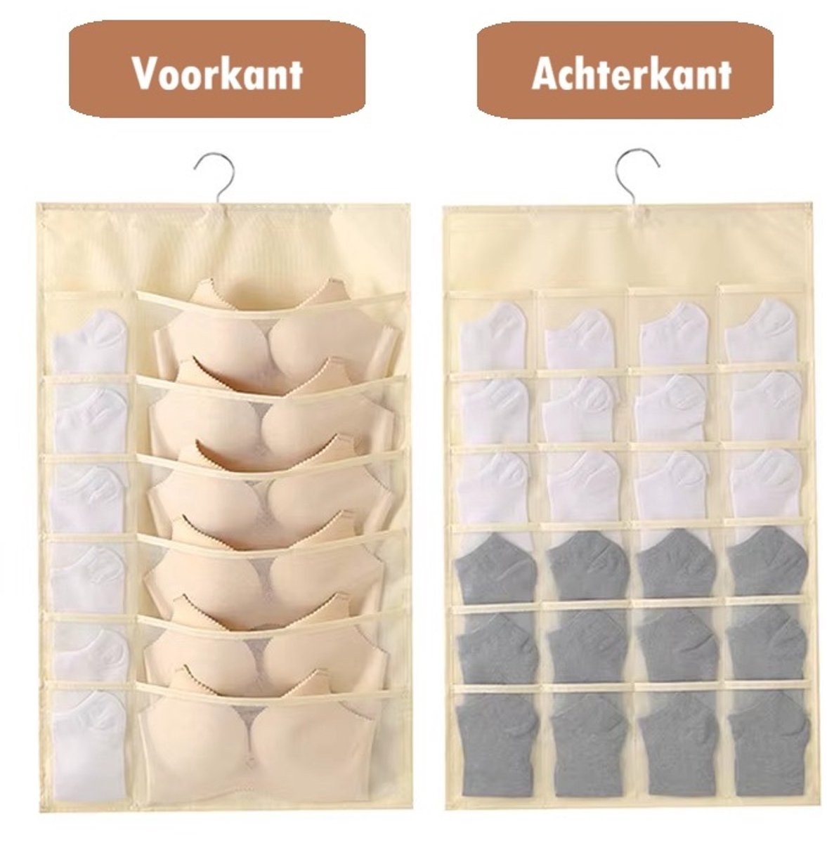 2-Zijdige Ondergoed Organizer met Haak – 36 Vakken – Hangende BH, Sokken en Lingerie Opberger – Mesh Materiaal – Beige – 46x76 cm