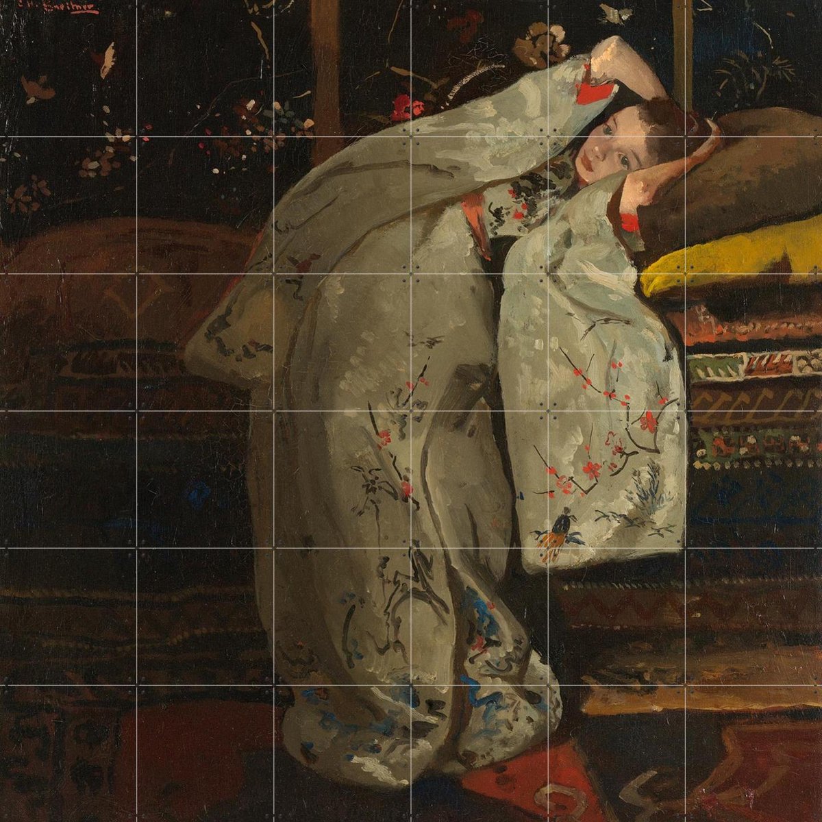 IXXI Meisje in witte kimono, George Hendrik Breitner & Rijksmuseum - 120 x 120 cm - Gratis ophangtool - Grote wanddecoratie en posters - Olieverf