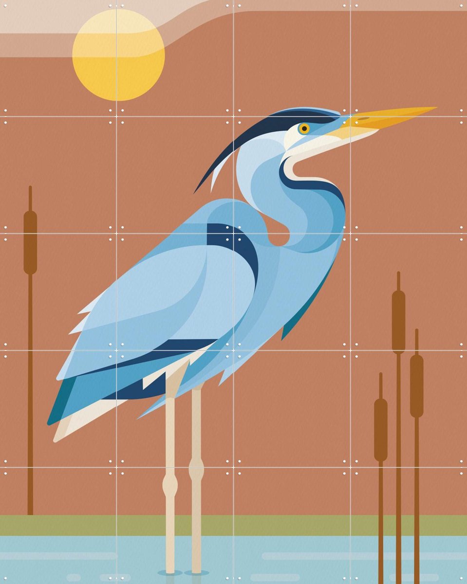 IXXI Blauwe Reiger, Elke Uijtewaal - 80 x 100 cm - Gratis ophangtool - Grote wanddecoratie en posters - Kleurrijk, Grafisch Ontwerp, Geometrische