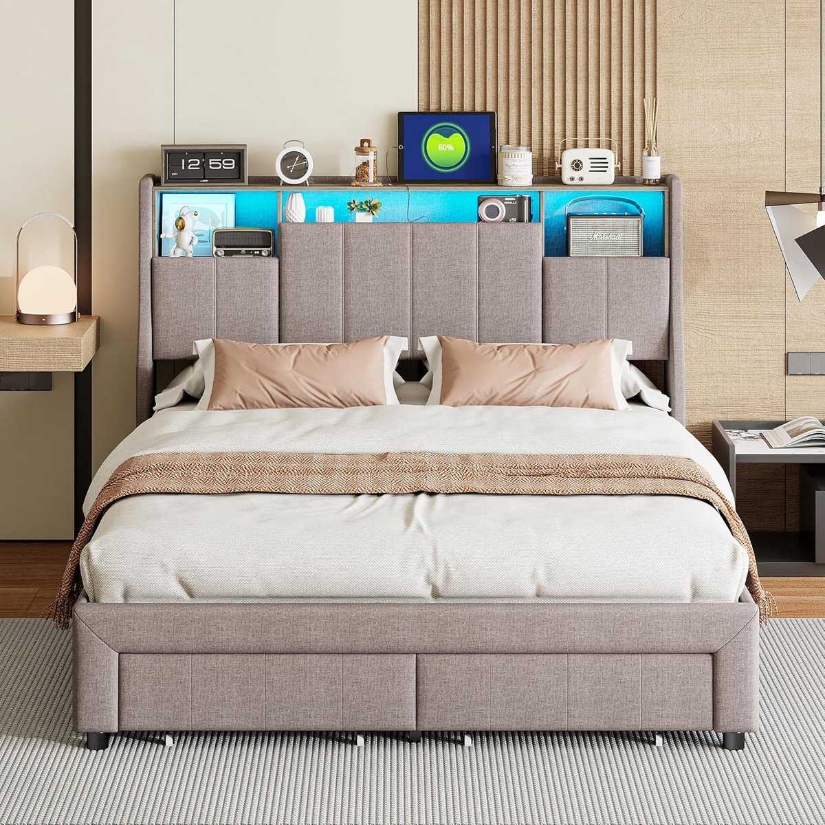 Tweepersoonsbed 140x200 met Opbergruimte, USB en LED Verlichting - Gestoffeerd Grijs Bedframe