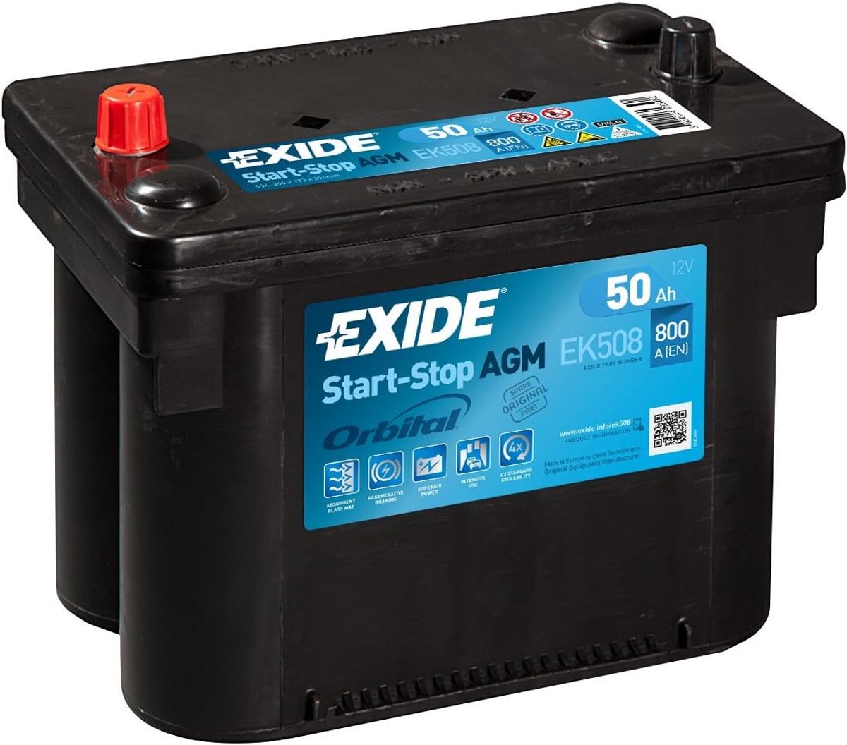 AGM Autoaccu 12V 50Ah 800A Start-Stop Geschikt voor Personenauto