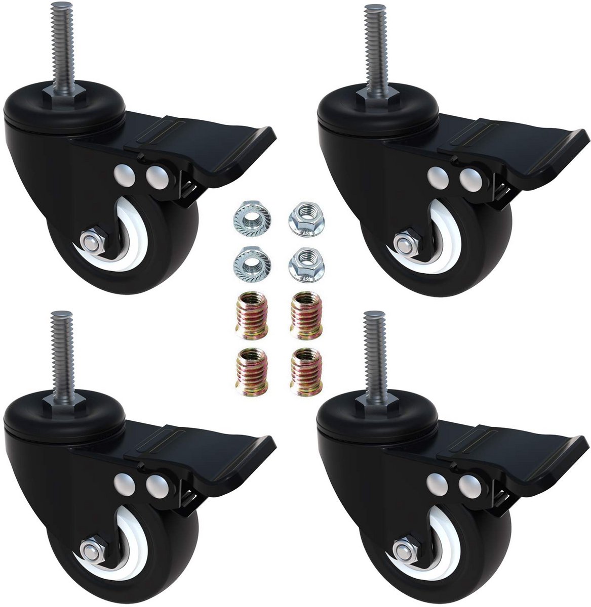 4x Zwenkwielen met Rem 50mm - Heavy Duty Zwenkwielen M8 Schroefdraad - Stevige PU Rubberen Wielen