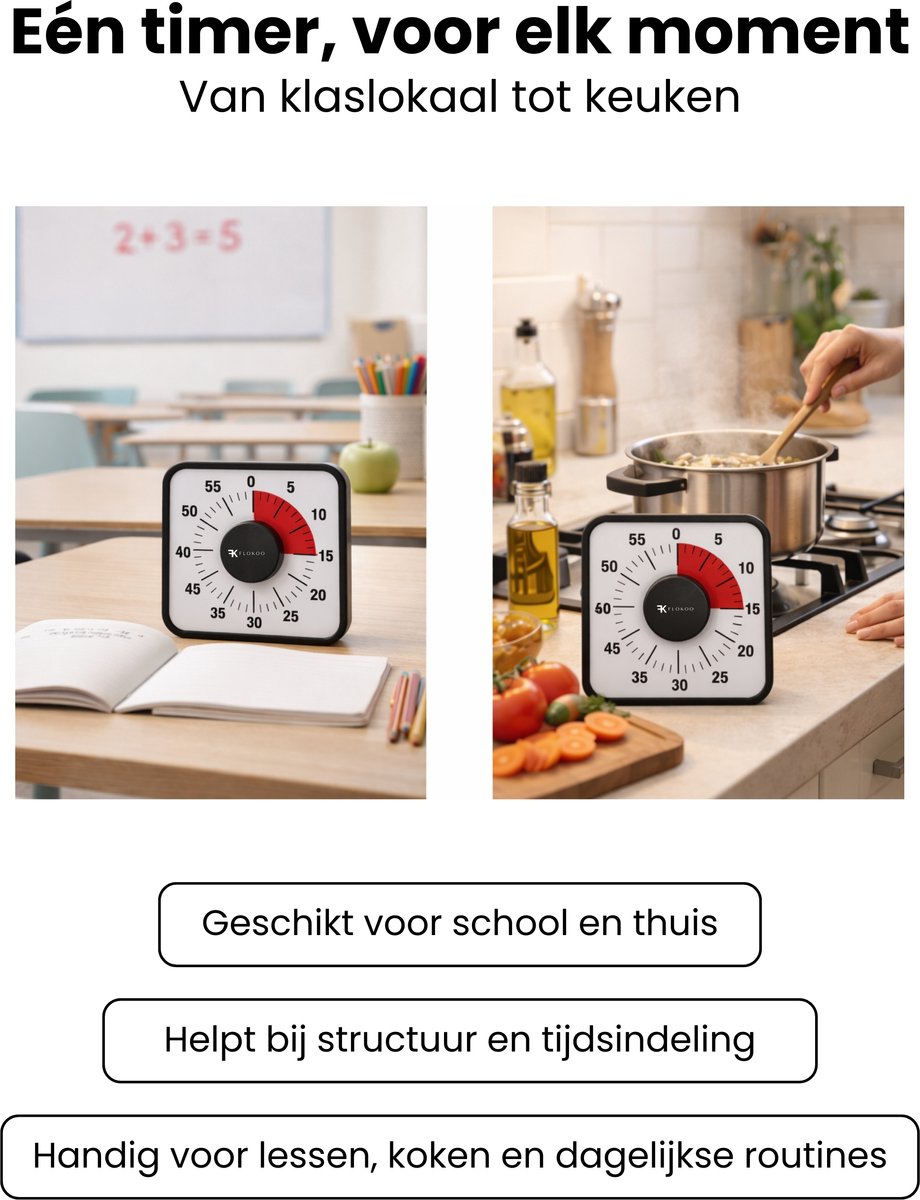 Leerklok Zwart - 19cm x19 cm - Aftelklok - Kookwekker Analoog - Leer Klok kijken — afbeelding 8