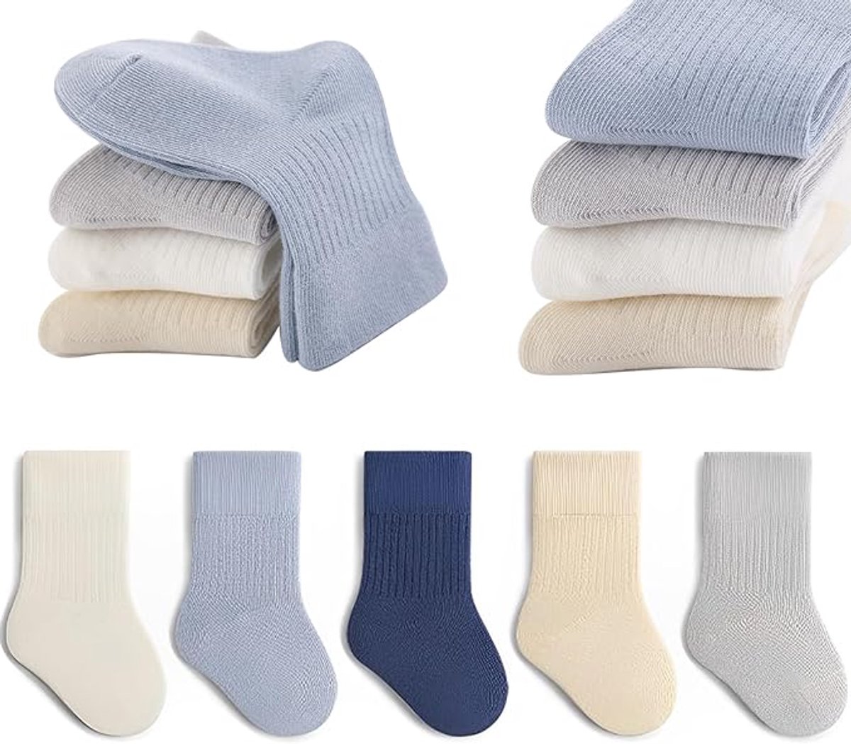 Katoenen enkelsokken, 5 paar kindersokken, zacht en elastisch, effen kleuren, voor jongens en meisjes.Blauwe tinten-XL(5-8 jaar)