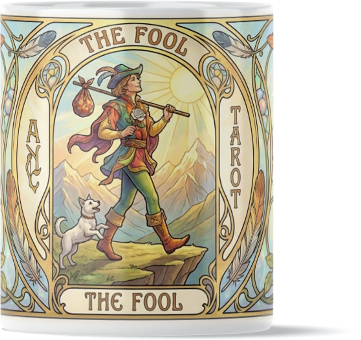 Mystieke Tarot Mok "The Fool" (De Dwaas) - Vintage Art Nouveau Design met Witte Hond & Klif - Symbool voor Nieuw Begin & Avontuur - Fris & Vrolijk - Elegant Art Nouveau Design - Spiritueel Cadeau voor Reizigers - Vintage Illustratie
