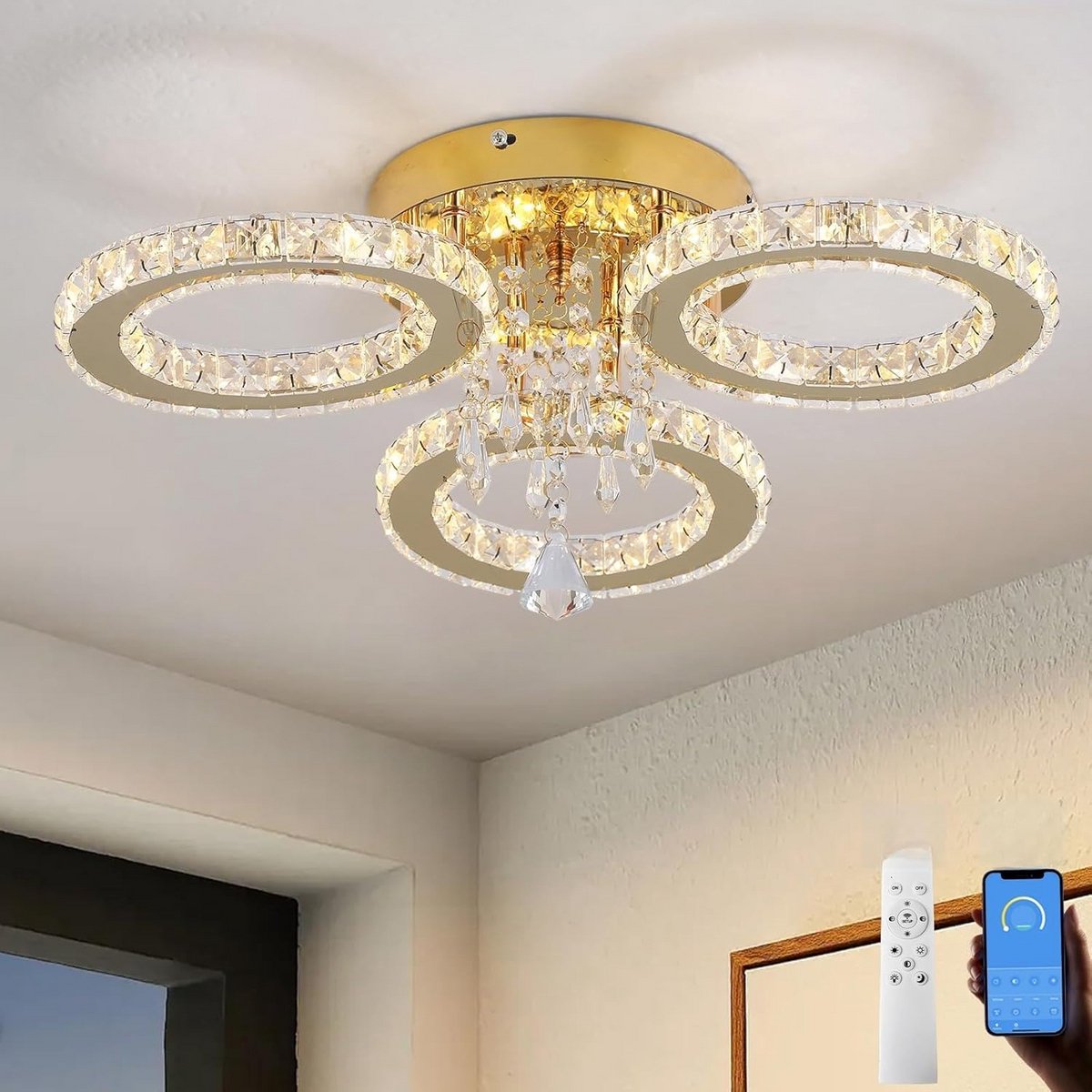Moderne LED Kristallen Kroonluchter met 3 Ringen Dimbaar Plafondlamp Goud