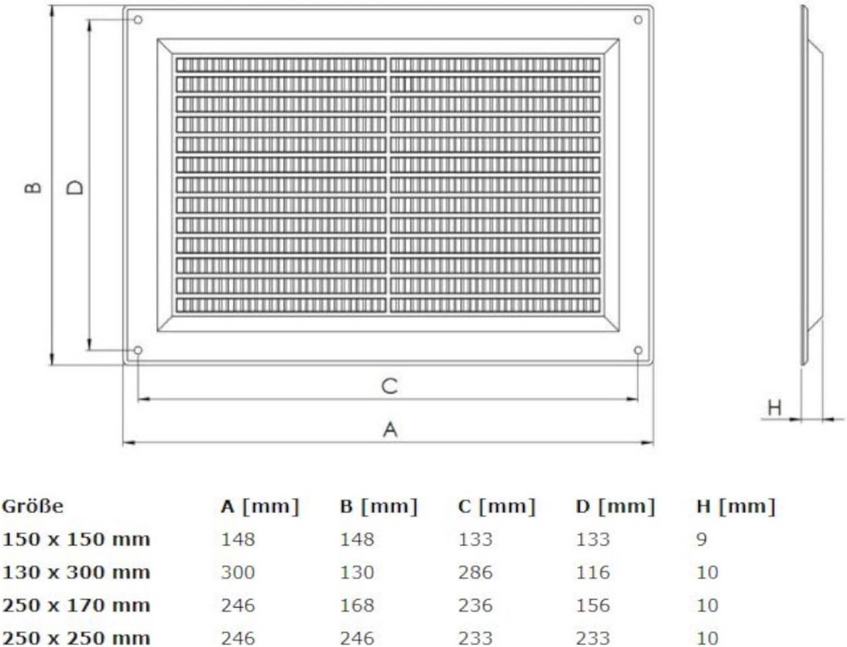 Ventilatierooster Grijs 250x170mm met Geïntegreerd Insectenhor voor Buitenmuur