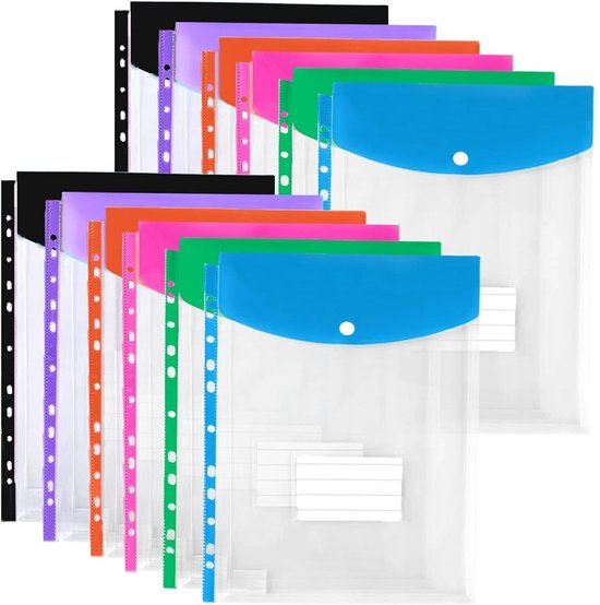 Transparante A4-documenthoezen - Pak van 12 - A4 plastic hoesjes - Beschermhoezen geschikt voor A4-documenten - 11 gemakkelijk afscheurbare randen - Drukknoopsluiting - Handig geschikt voor het ordenen van documenten